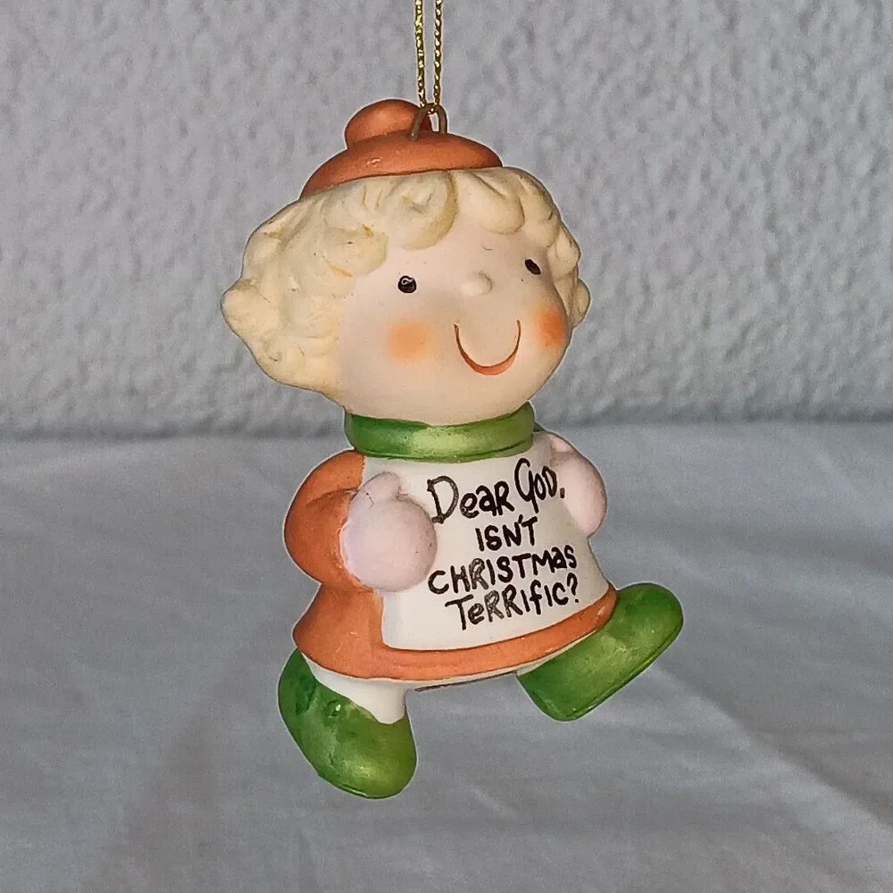 Vintage 1980s Enesco Dear God Christmas Ornaments Boy